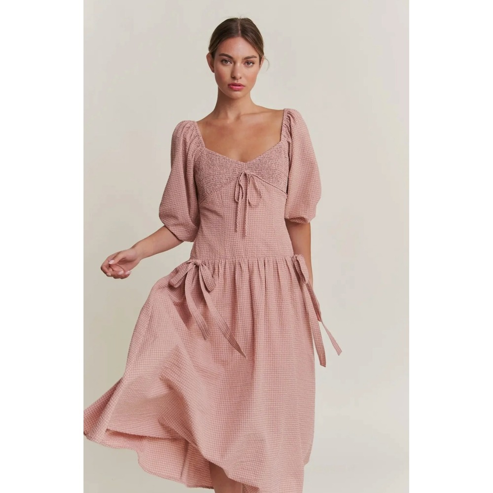 Gingham Milkmaid Smocked Maxi Dress Large Pink Cottagecore Romantic Prairie Boho - Picture 2 of 7